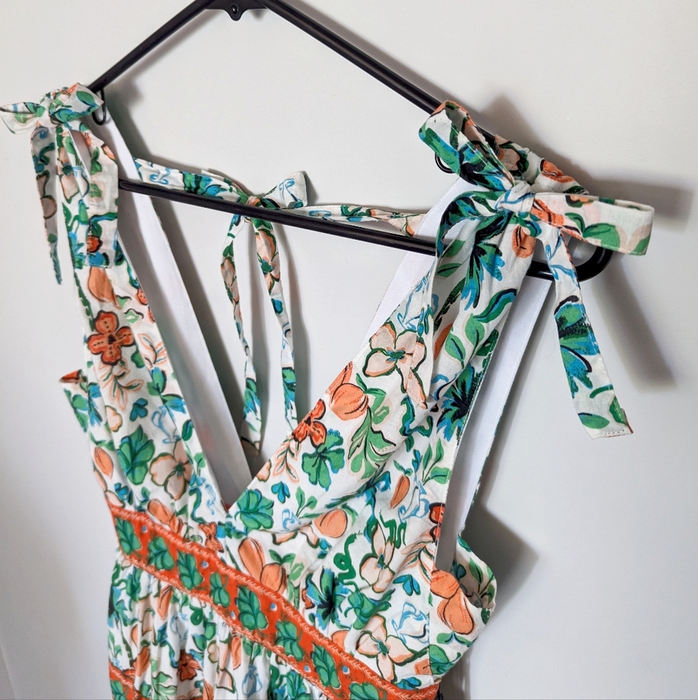 Japna - Sundress Mini Fit and Flare Deep-V off-White, Green, Orange Small - Picture 4 of 12